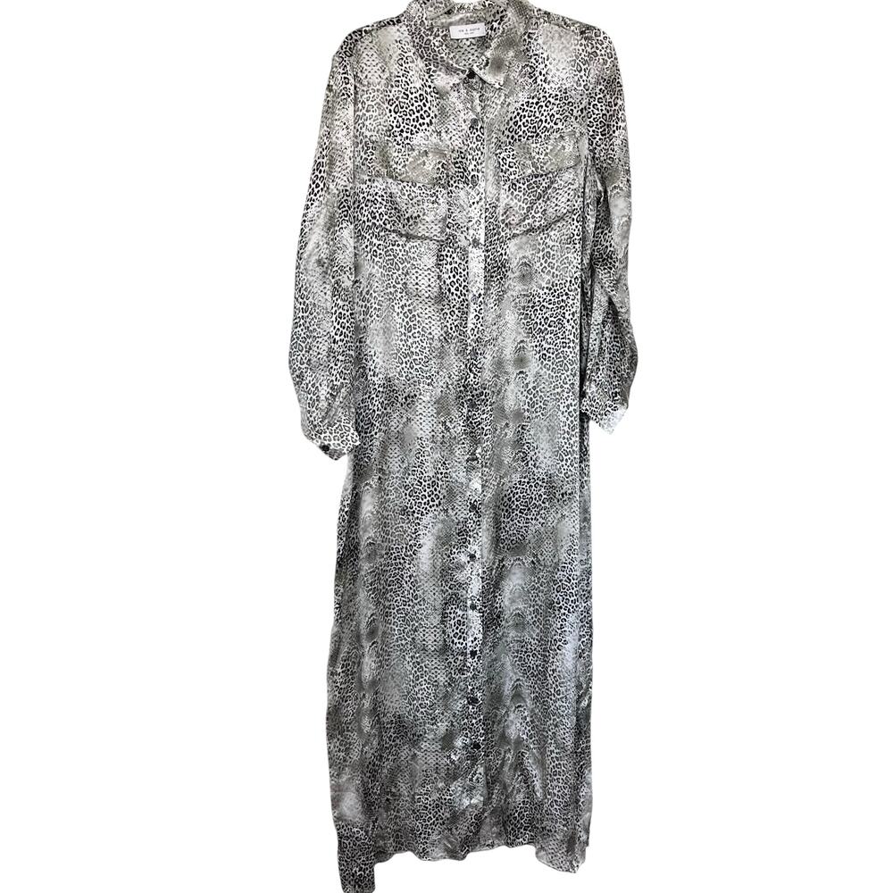 Lola & Sophie Gray Silk Leopard Animal Print Long Sleeve Button Maxi Dress Sz L